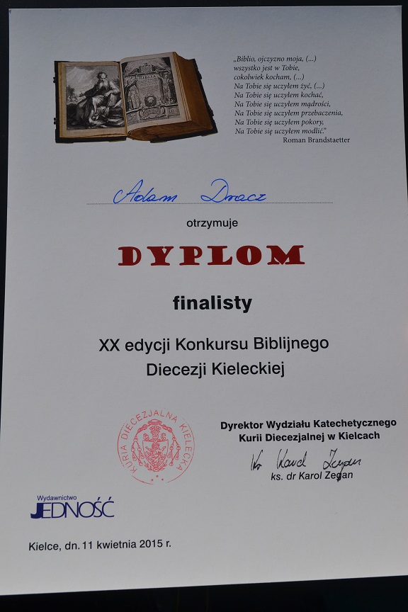 Dyplom Adama Dracza z Chrobrza konkurs biblijny