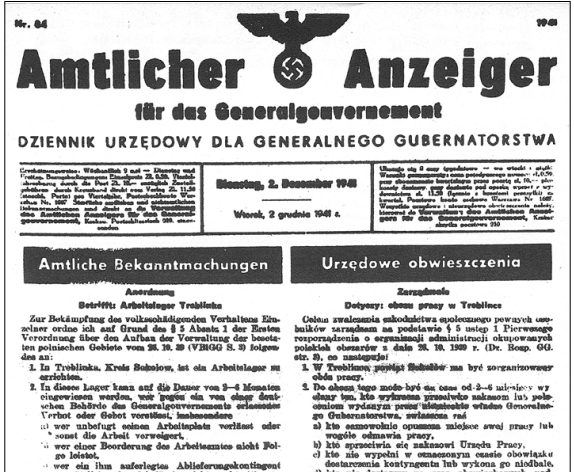 „Dziennik Urzędowy dla Generalnego Gubernatorstwa” zawierający informację o powołaniu Karnego Obozu Pracy w Treblince