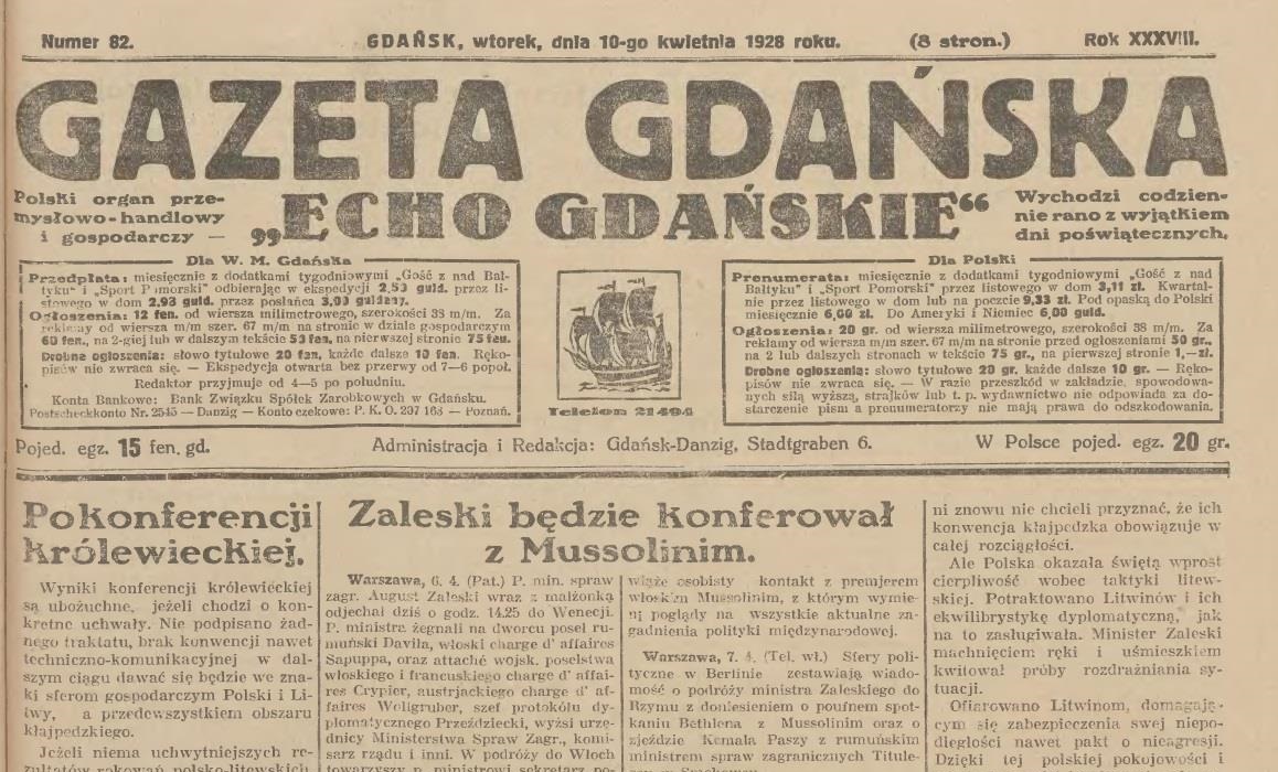 strona tytułowa gazety gdańskiej w którym znalażł się wpsominany artykuł o Troczku z Chrobrza