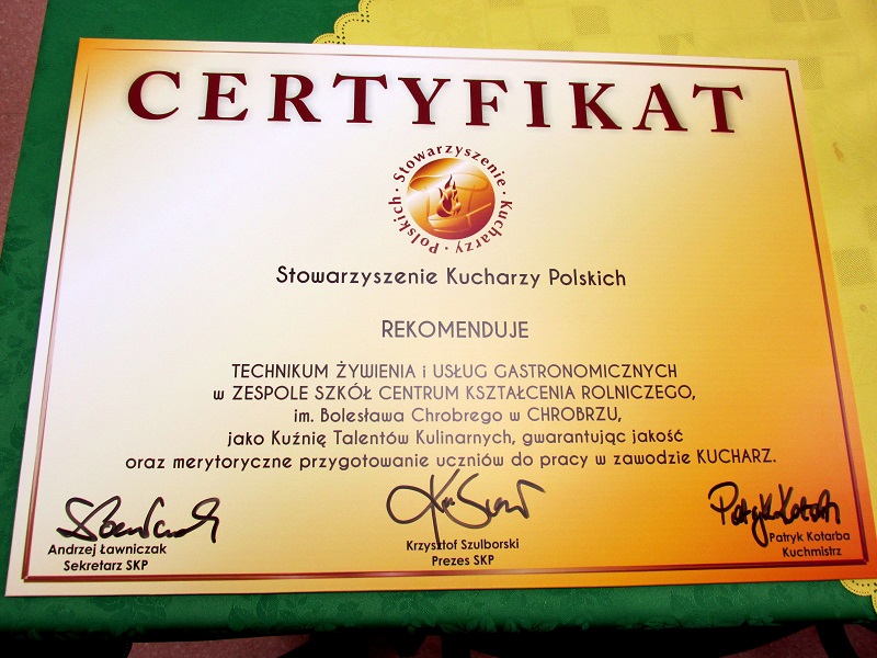 certyfikat dla ZSCKR Chroberz