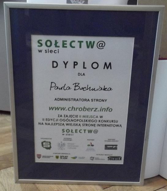 pamiątkowy dyplom za 2 miejsce w kraju na najlepszą stronę sołecką w Polsce